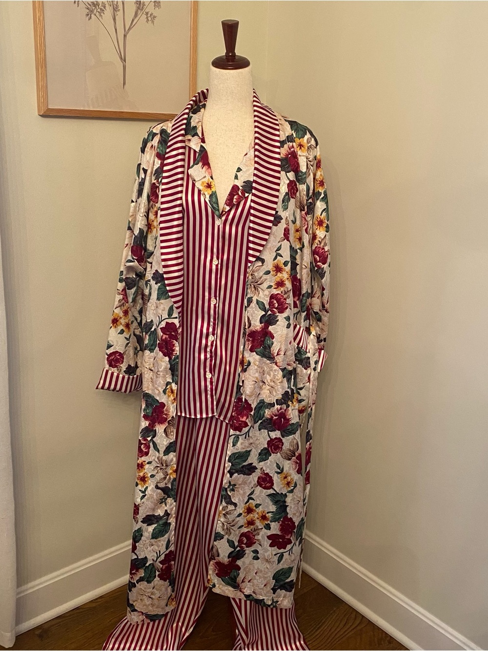 Vintage 3 Piece Pajama and Robe Set Mixed Stripe and Floral Print Medium